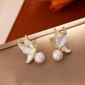 Enamel butterfly pearl earrings