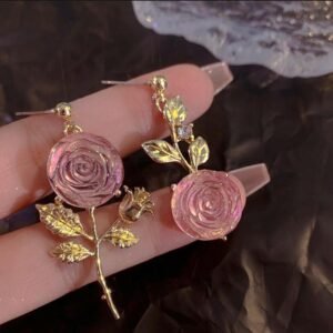 Gold plated pink rose flower earrings