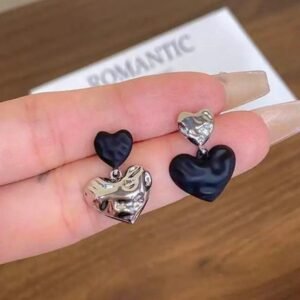 Silver plated black heart shaped - drop earrings
