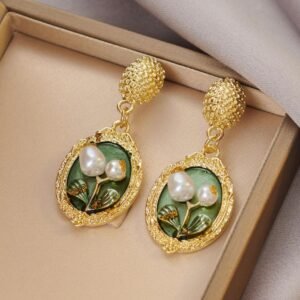 Vintage style pearl and green enamel earrings