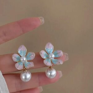 Floral drop earrings with pink enamel work