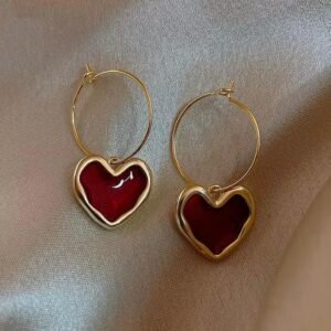 Blood red heart drop hoop earrings