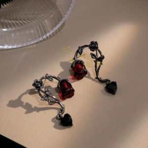 Gothic red rose tassel earrings