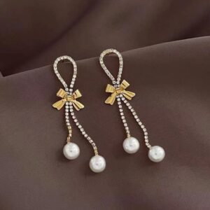 Bow crystal drop pearl earrings