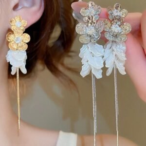 White floral drop dangle earrings