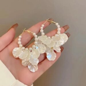 White floral faux pearl dangle earrings