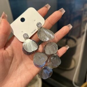 Silver metal leaf long earrings