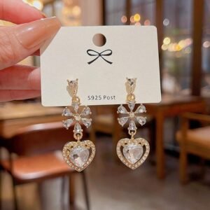 Crystal floral and heart dangle earrings