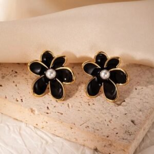 Black floral with pearl stud