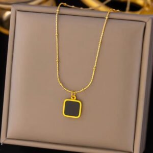 Anti tarnish black square pendant necklace