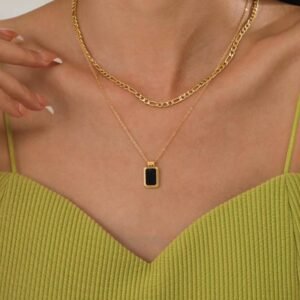 Anti tarnish double layer black square pendant necklace
