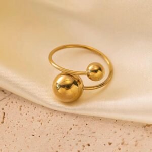Anti tarnish open cuff ring with two sphere
