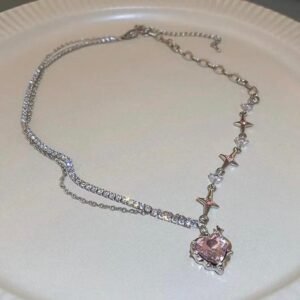 Silver and crystal pink heart pendant chaim