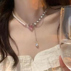 Pearl and crystal pink heart necklace